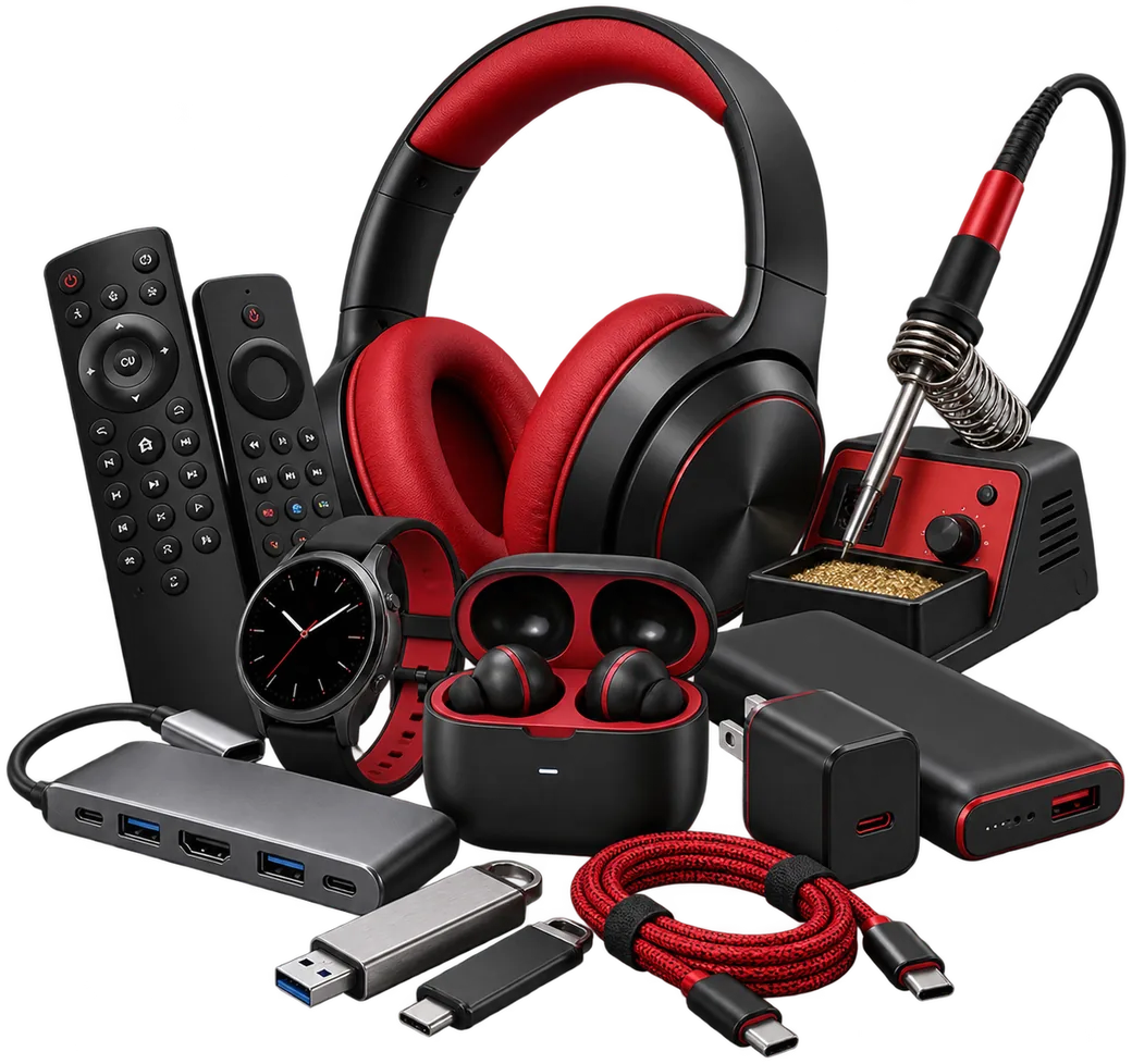 Headphones, earbuds, TV remotes, a soldering station, chargers, a power bank and cables from our range